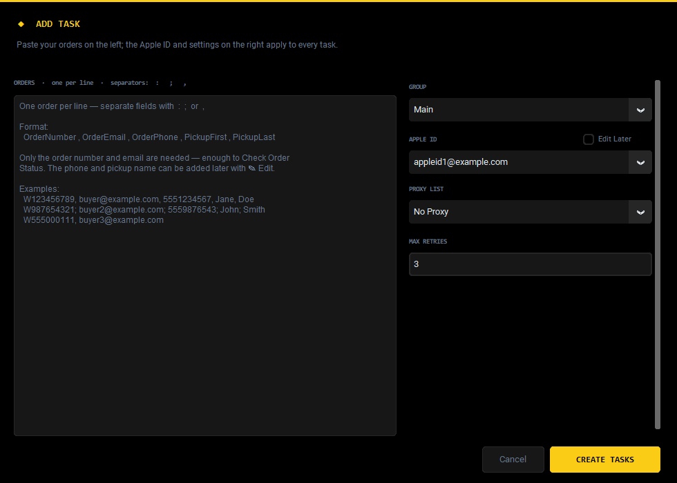 The Add Task window: a box to paste orders, with Group, Apple ID, Proxy List and Max Retries