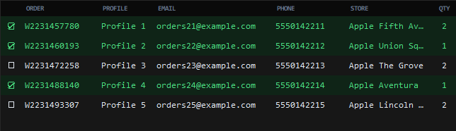Orders read from Discord, with the ticked ones highlighted green