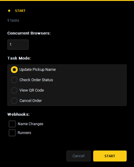 The Start window: concurrent browsers, task mode and the webhooks to post to