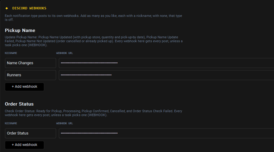Settings: Discord webhooks for Pickup Name and Order Status, each with a nickname and a Send test button